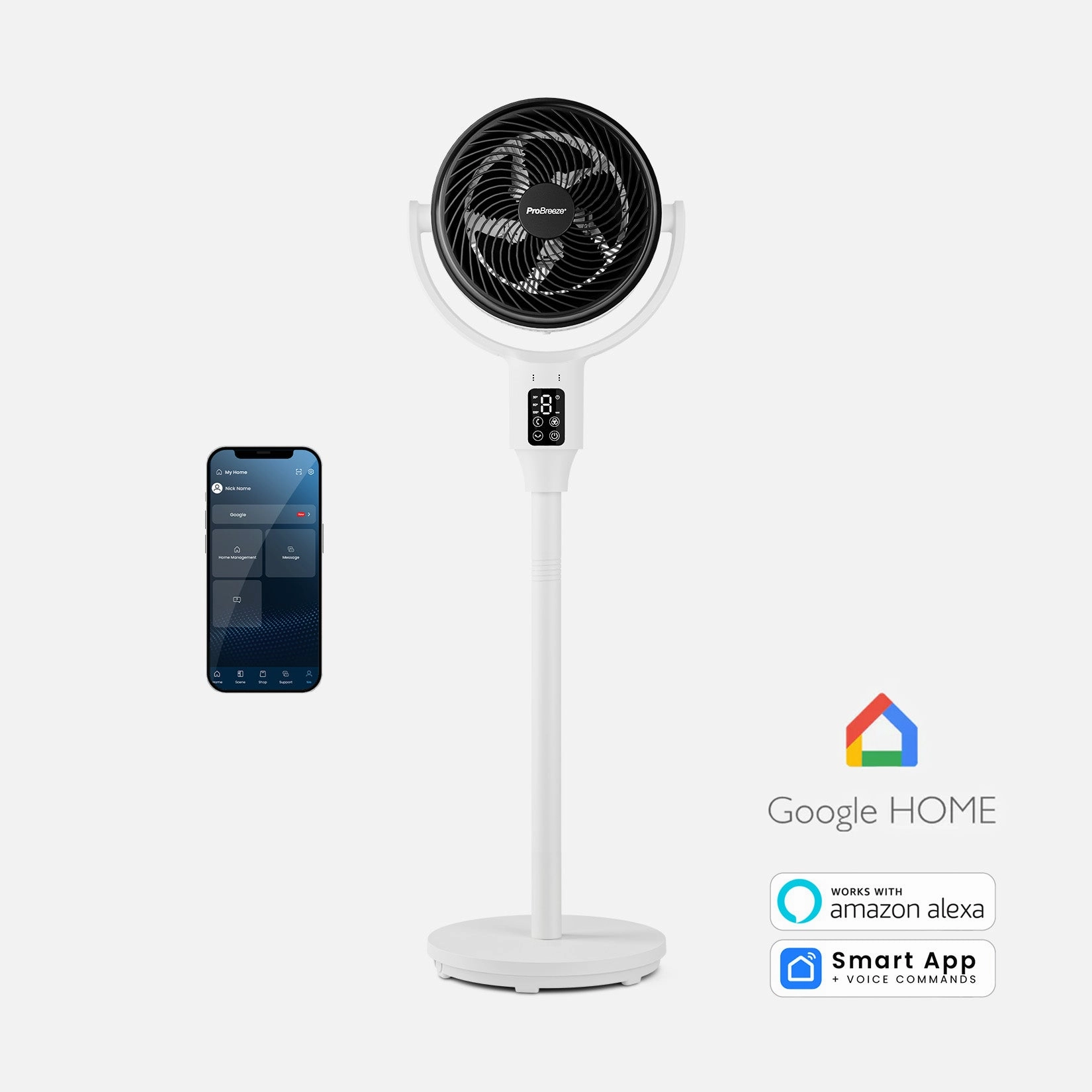 AirFlo 43" Smart Hybrid Pedestal Fan - Ultra-Quiet Air Circulator - White smart home fans with remote access