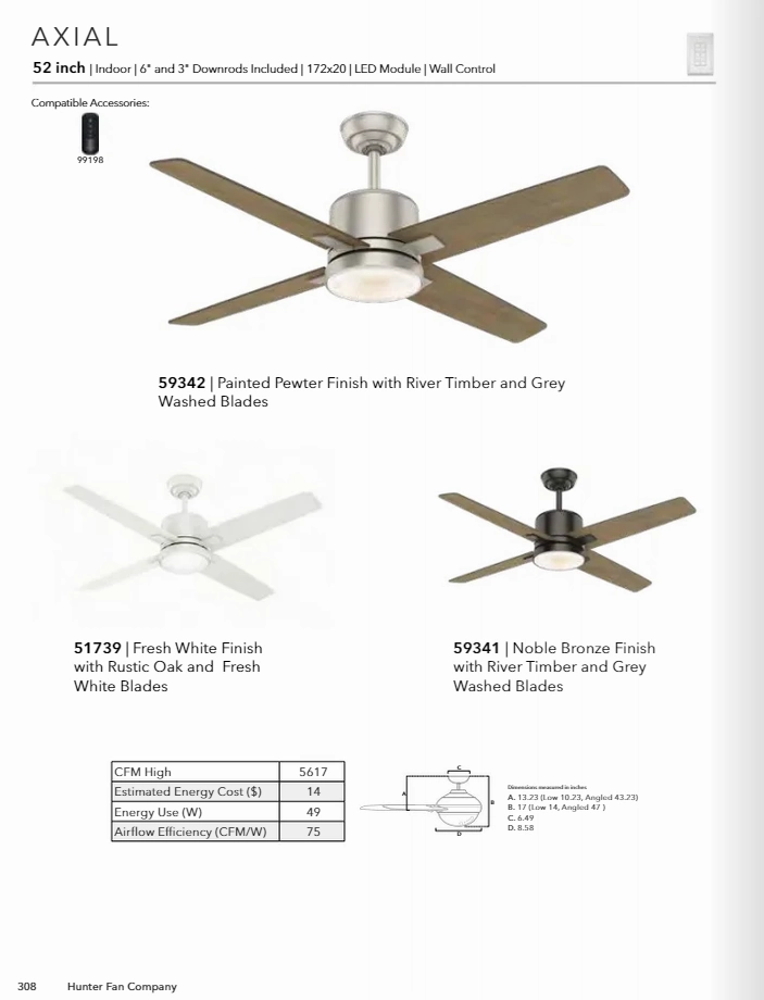 Casablanca Axial 52" Indoor Ceiling Fan with 16WLED and Wall Control