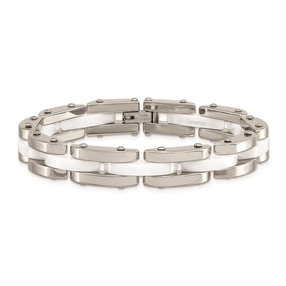 Chisel Jewelry Stainless Steel & White Ceramic 7.5in Bracelet