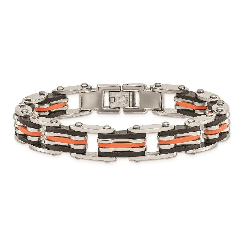 Chisel Jewelry Stainless Steel Black & Orange Rubber 8.5in Bracelet