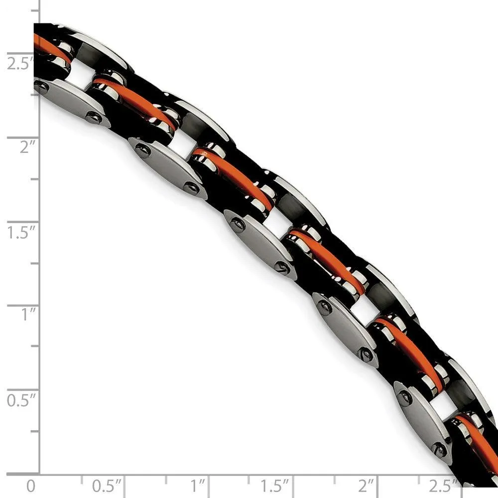 Chisel Jewelry Stainless Steel Black & Orange Rubber 8.5in Bracelet