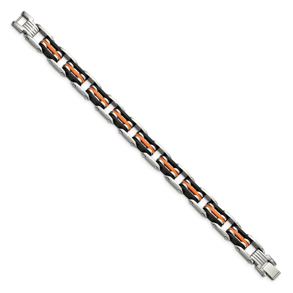Chisel Jewelry Stainless Steel Black & Orange Rubber 8.5in Bracelet