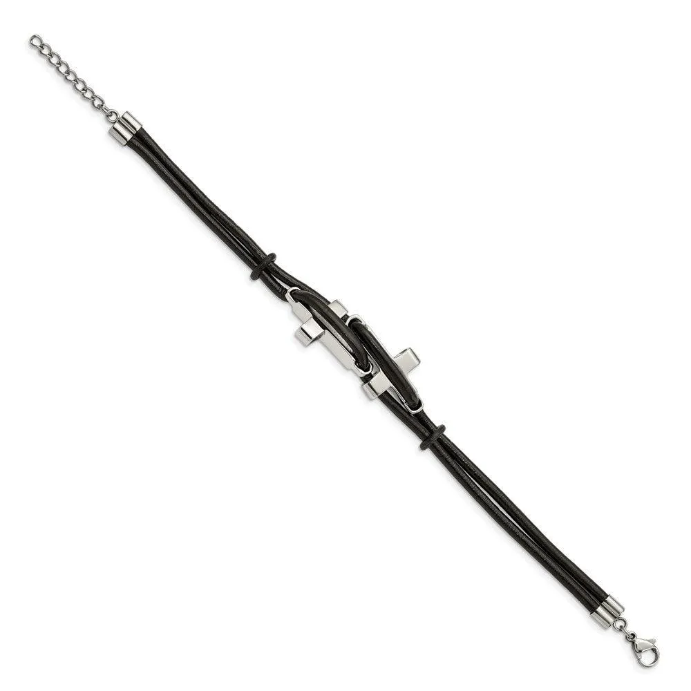 Chisel Jewelry Stainless Steel Black Leather 8.25in Bracelet