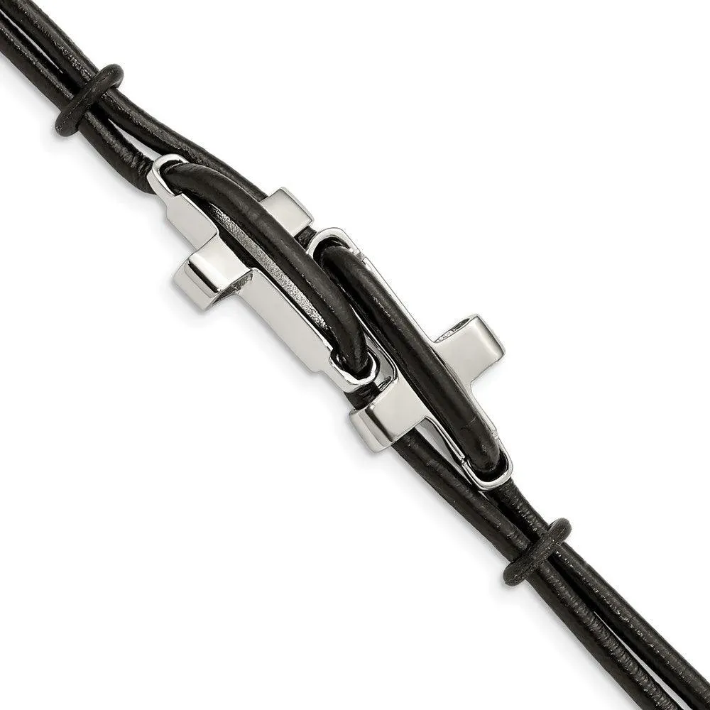 Chisel Jewelry Stainless Steel Black Leather 8.25in Bracelet