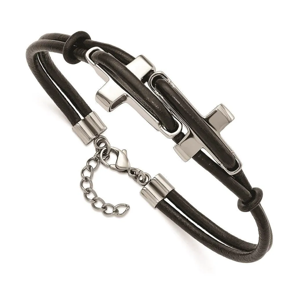 Chisel Jewelry Stainless Steel Black Leather 8.25in Bracelet