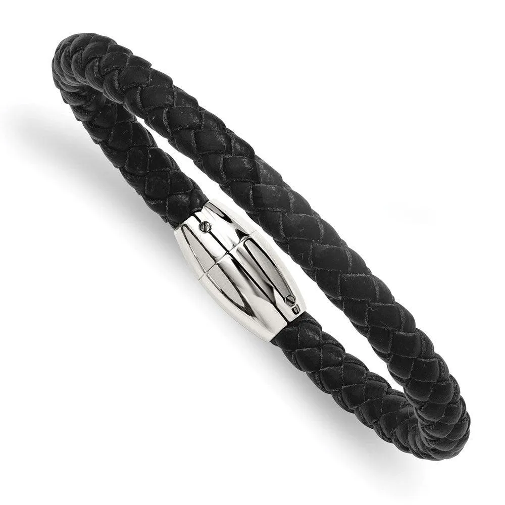 Chisel Jewelry Stainless Steel Black Leather 8.5in Bracelet