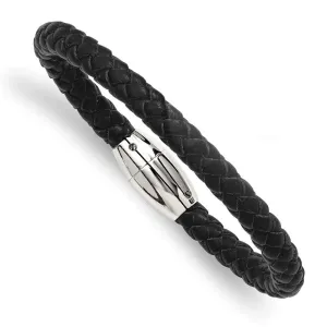 Chisel Jewelry Stainless Steel Black Leather 8.5in Bracelet