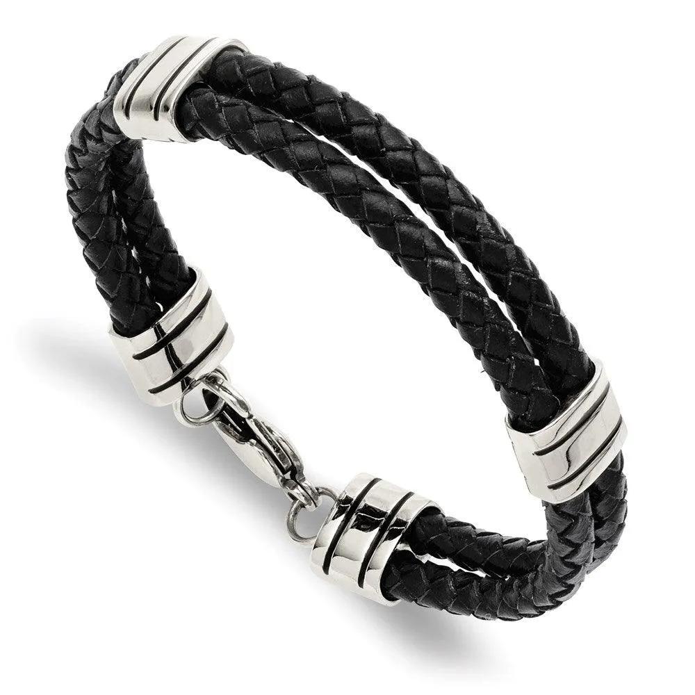 Chisel Jewelry Stainless Steel Black Leather 9in Bracelet