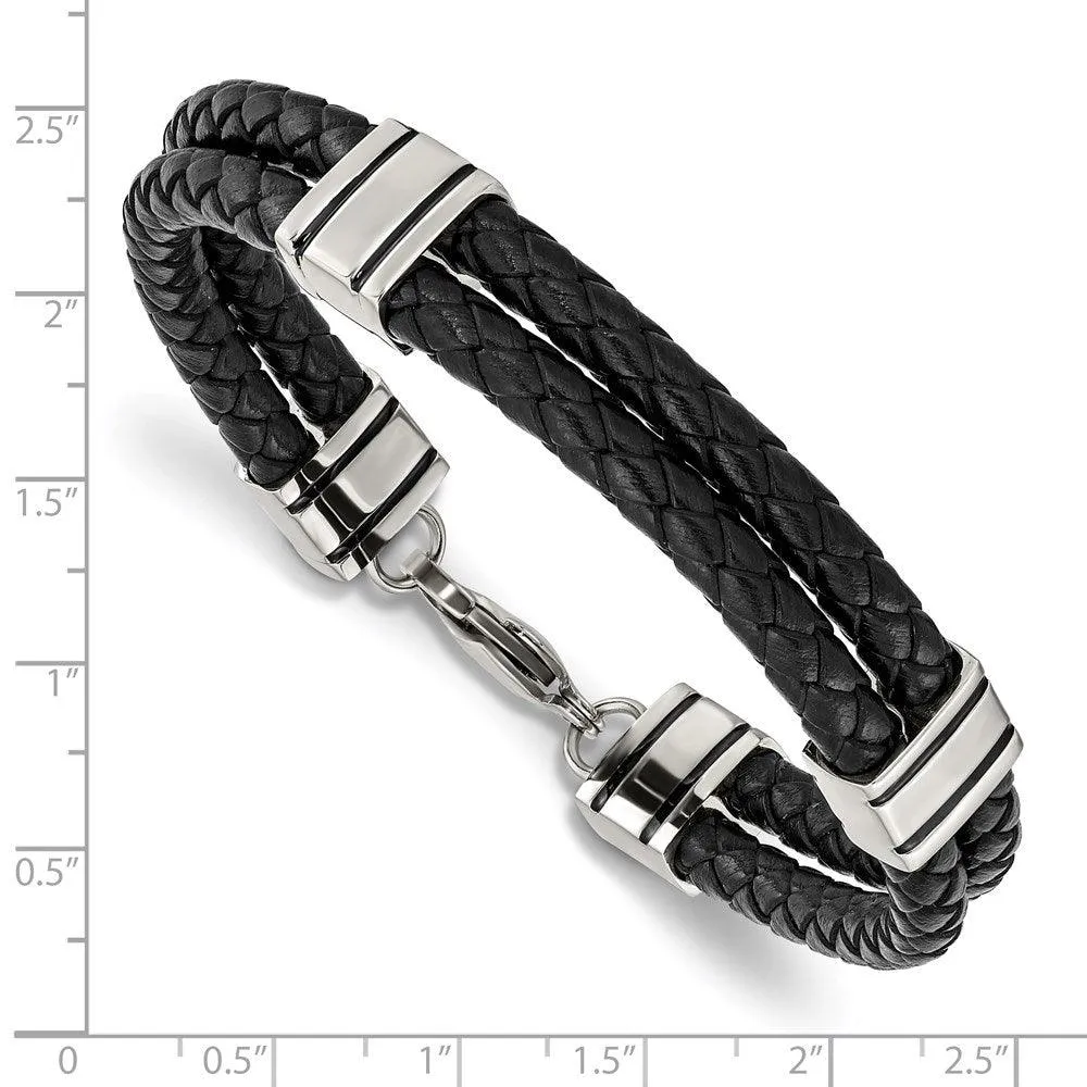 Chisel Jewelry Stainless Steel Black Leather 9in Bracelet