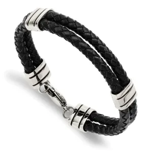 Chisel Jewelry Stainless Steel Black Leather 9in Bracelet