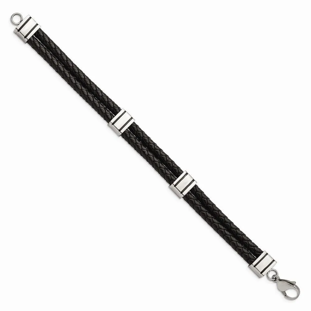 Chisel Jewelry Stainless Steel Black Leather 9in Bracelet