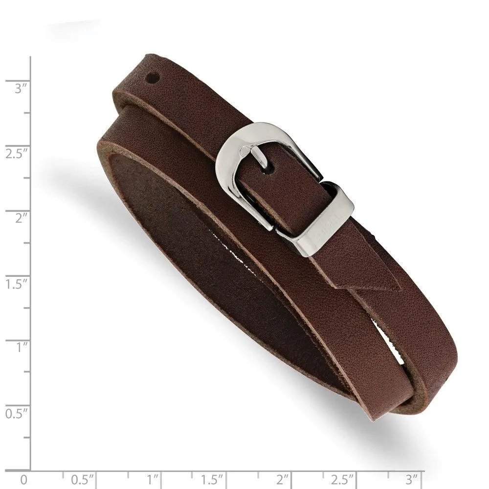Chisel Jewelry Stainless Steel Brown Leather Wrap Bracelet