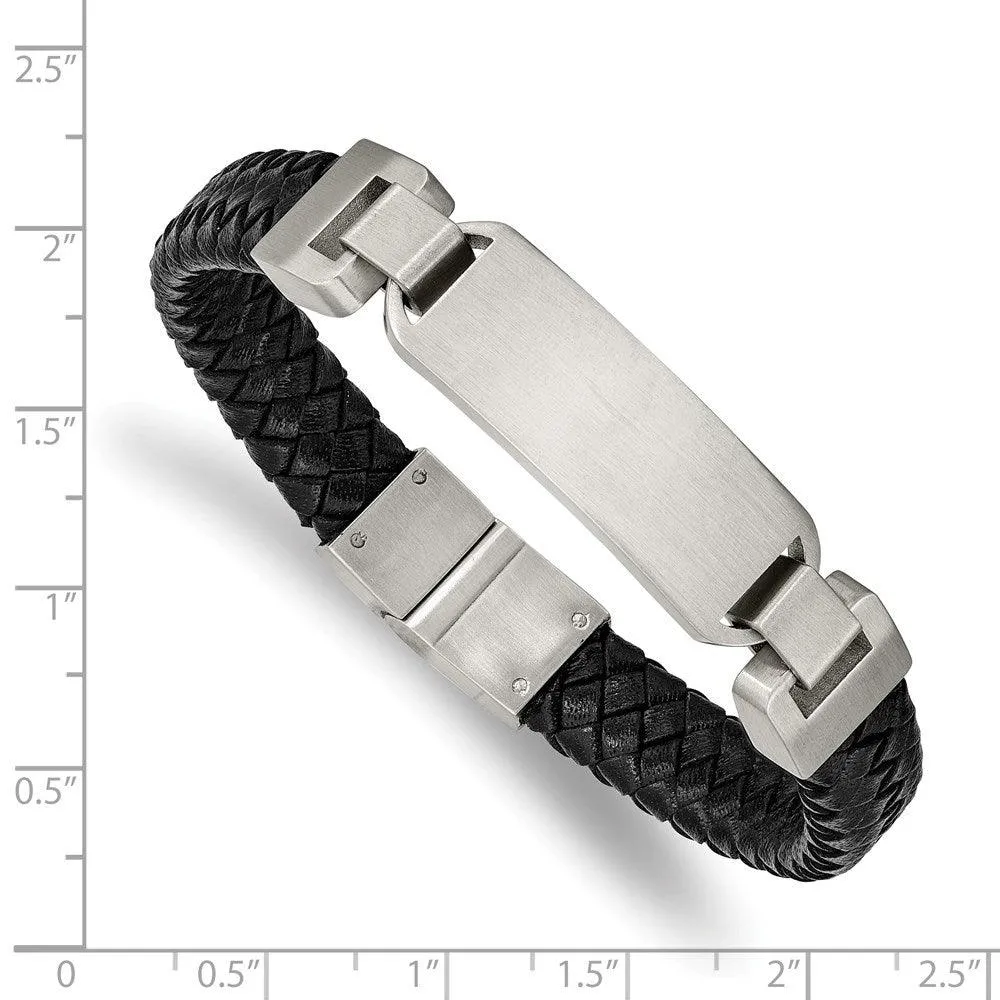 Chisel Jewelry Stainless Steel Brushed Black Leather 8.5in ID Bracelet