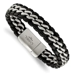 Chisel Jewelry Stainless Steel Brushed Black Leather Bracelet