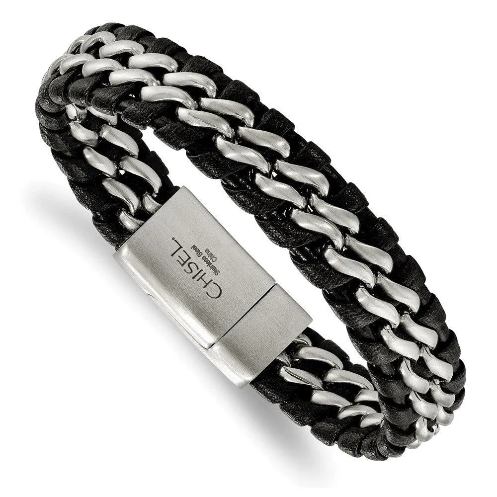 Chisel Jewelry Stainless Steel Brushed Black Leather Bracelet