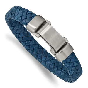 Chisel Jewelry Stainless Steel Brushed Blue Leather 8.25in Bracelet