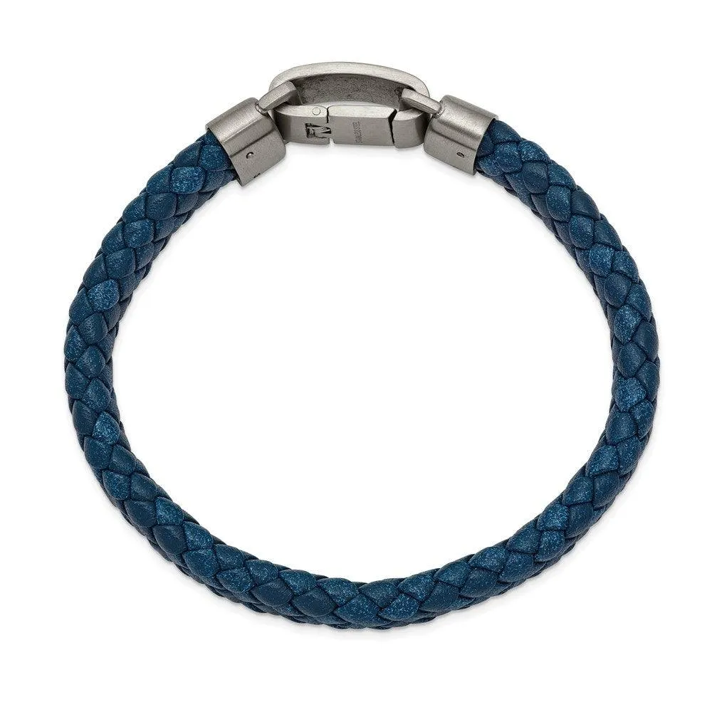 Chisel Jewelry Stainless Steel Brushed Blue Leather 8.25in Bracelet