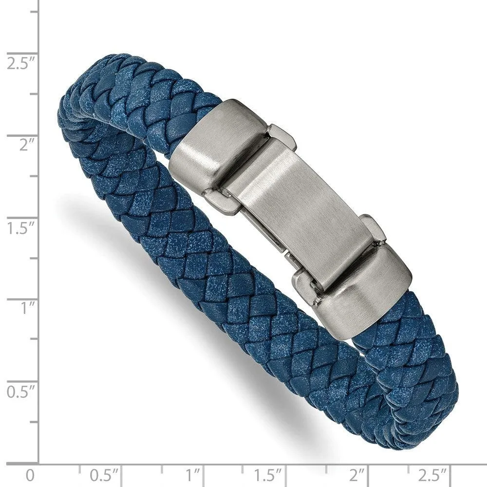 Chisel Jewelry Stainless Steel Brushed Blue Leather 8.25in Bracelet