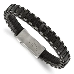 Chisel Jewelry Stainless Steel Brushed Cable and Black Leather Bracelet