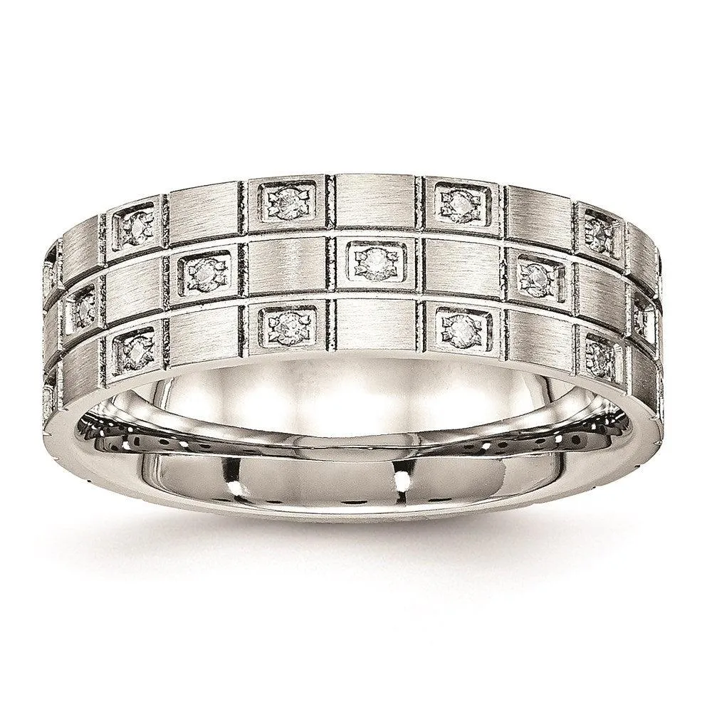 Chisel Jewelry Stainless Steel Brushed Grooved CZ Ring