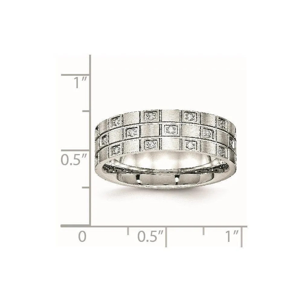 Chisel Jewelry Stainless Steel Brushed Grooved CZ Ring