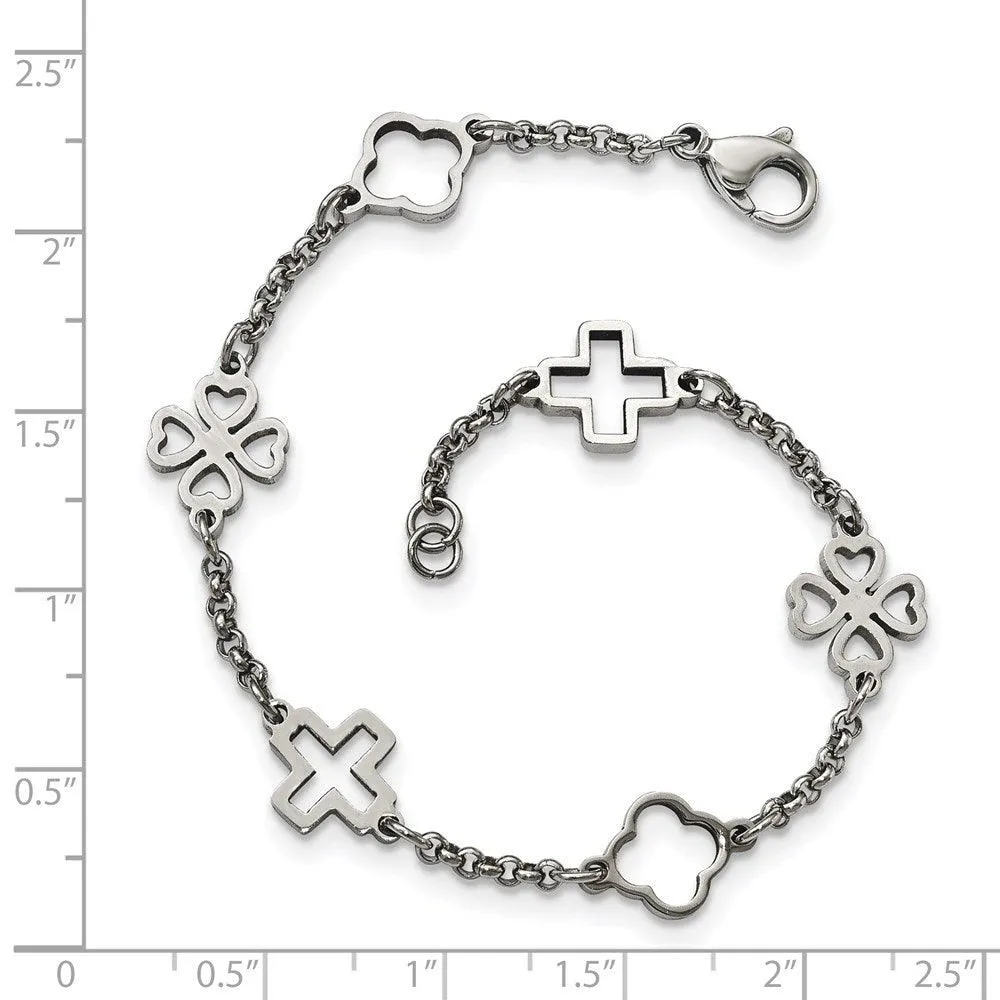 Chisel Jewelry Stainless Steel Cross & Clovers Bracelet