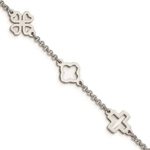 Chisel Jewelry Stainless Steel Cross & Clovers Bracelet