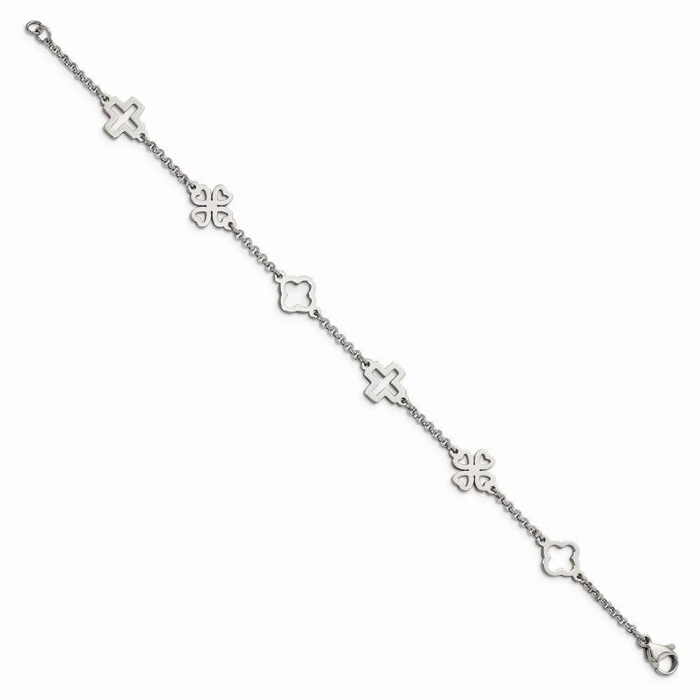 Chisel Jewelry Stainless Steel Cross & Clovers Bracelet