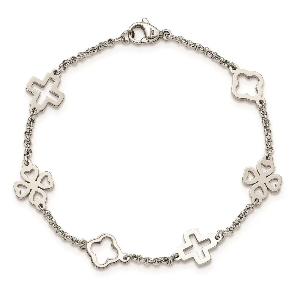 Chisel Jewelry Stainless Steel Cross & Clovers Bracelet