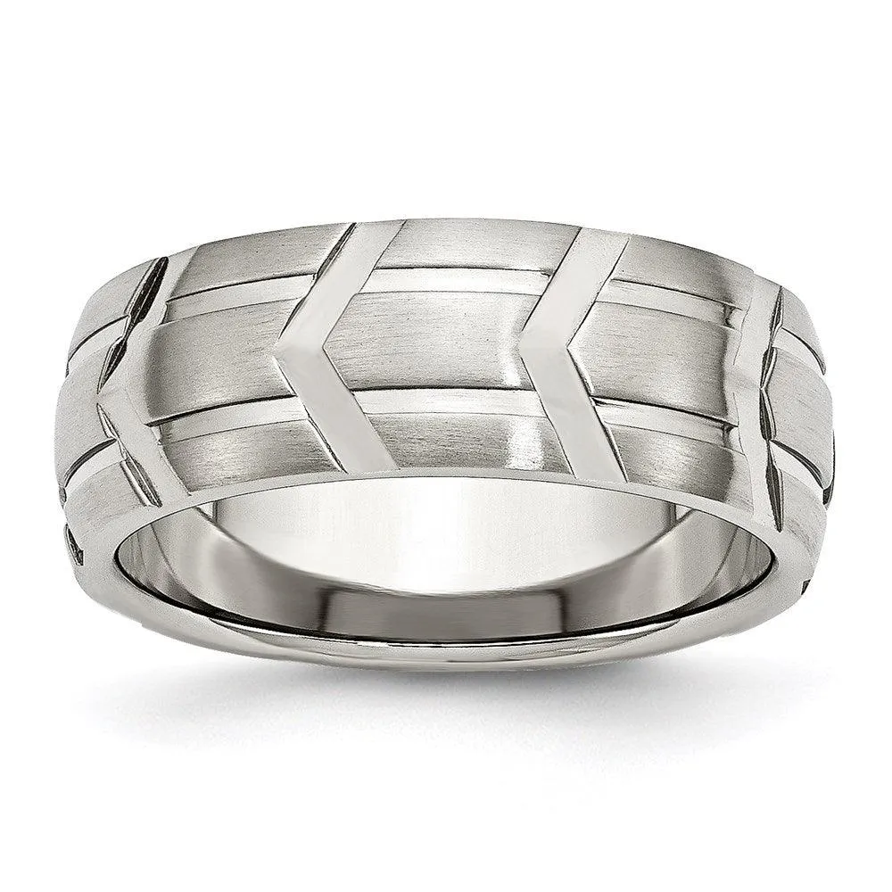 Chisel Jewelry Stainless Steel Grooved 8mm Brushed & Polished Band