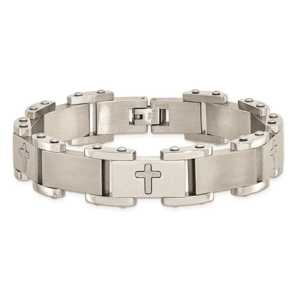 Chisel Jewelry Stainless Steel Laser Cut Crosses 8.75in Bracelet