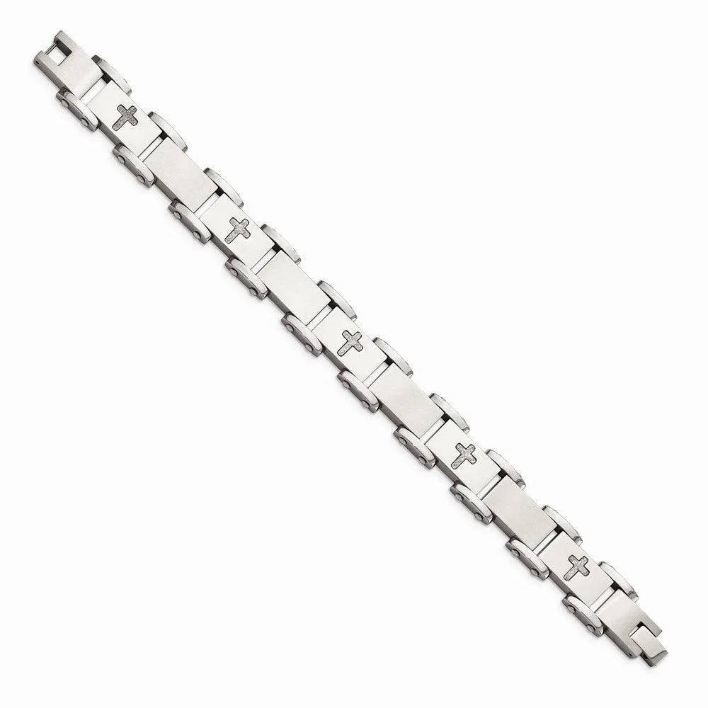 Chisel Jewelry Stainless Steel Laser Cut Crosses 8.75in Bracelet