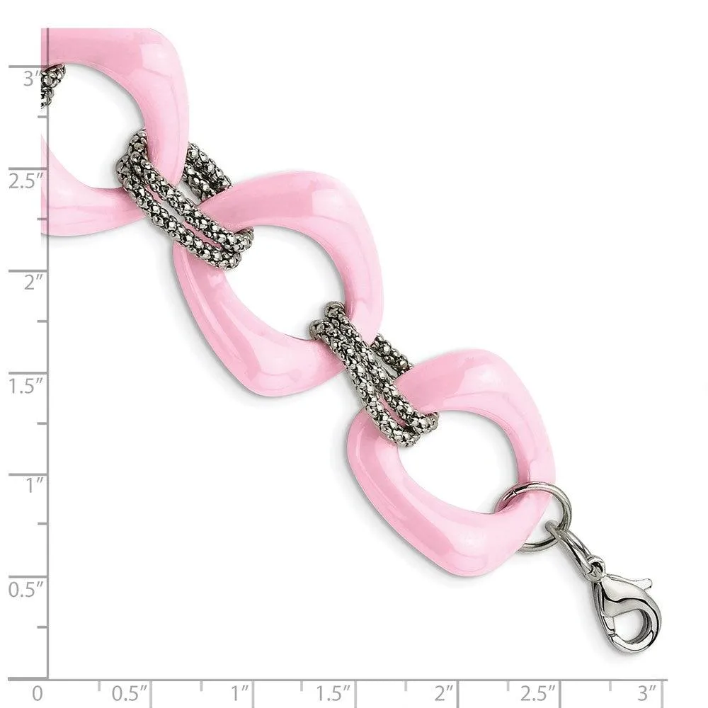 Chisel Jewelry Stainless Steel Pink Ceramic Link Bracelet
