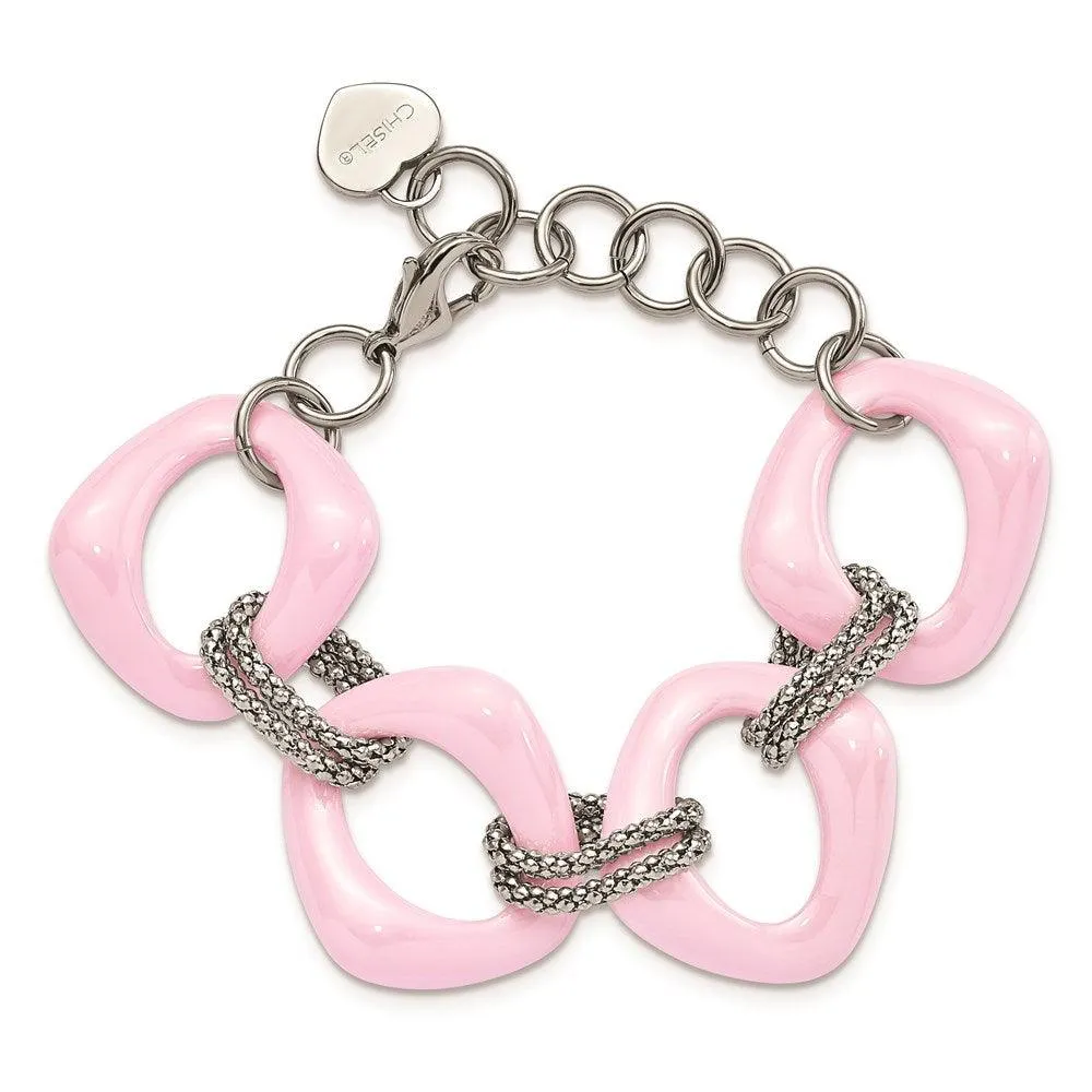 Chisel Jewelry Stainless Steel Pink Ceramic Link Bracelet
