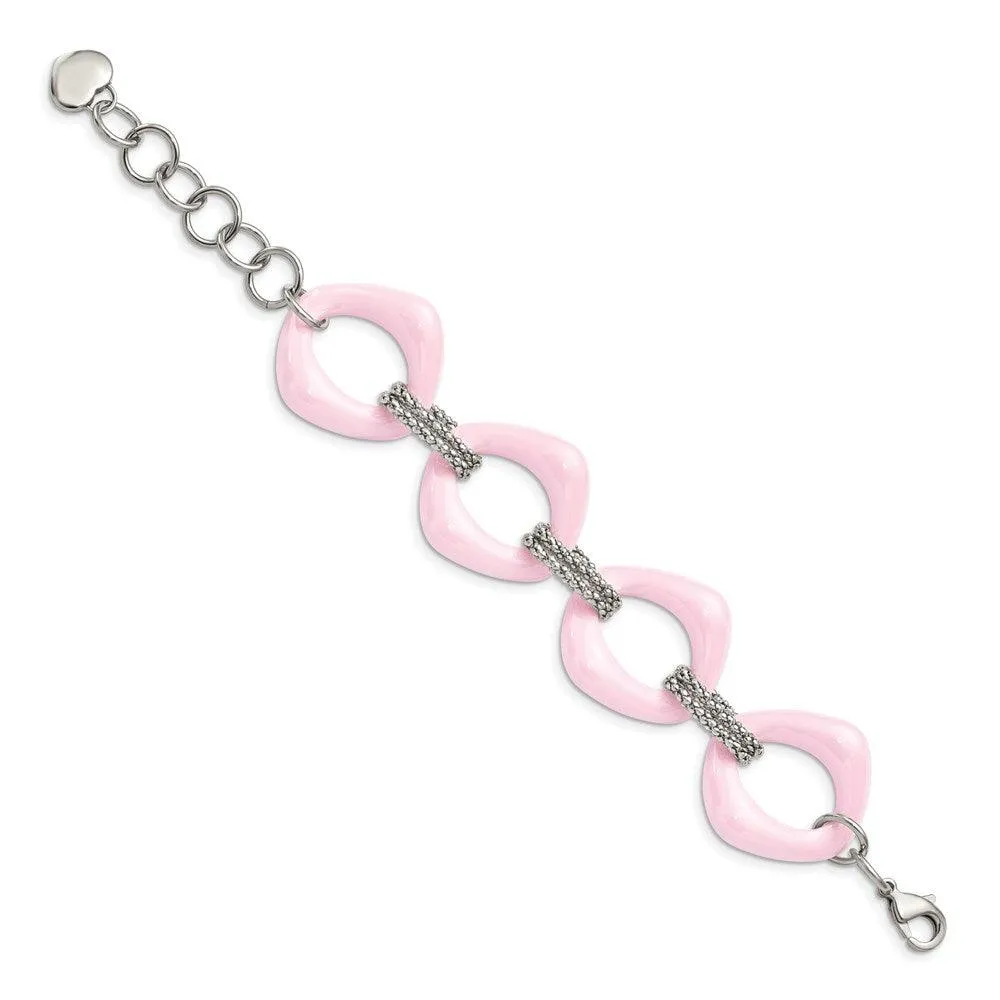 Chisel Jewelry Stainless Steel Pink Ceramic Link Bracelet