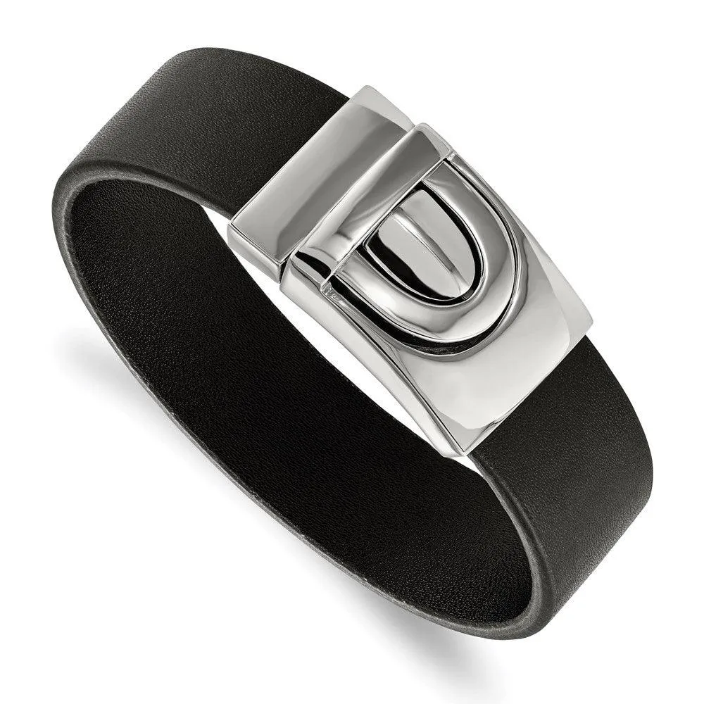 Chisel Jewelry Stainless Steel Polished Black Leather Bracelet