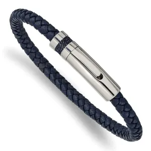 Chisel Jewelry Stainless Steel Polished Blue Leather 8.25in Bracelet