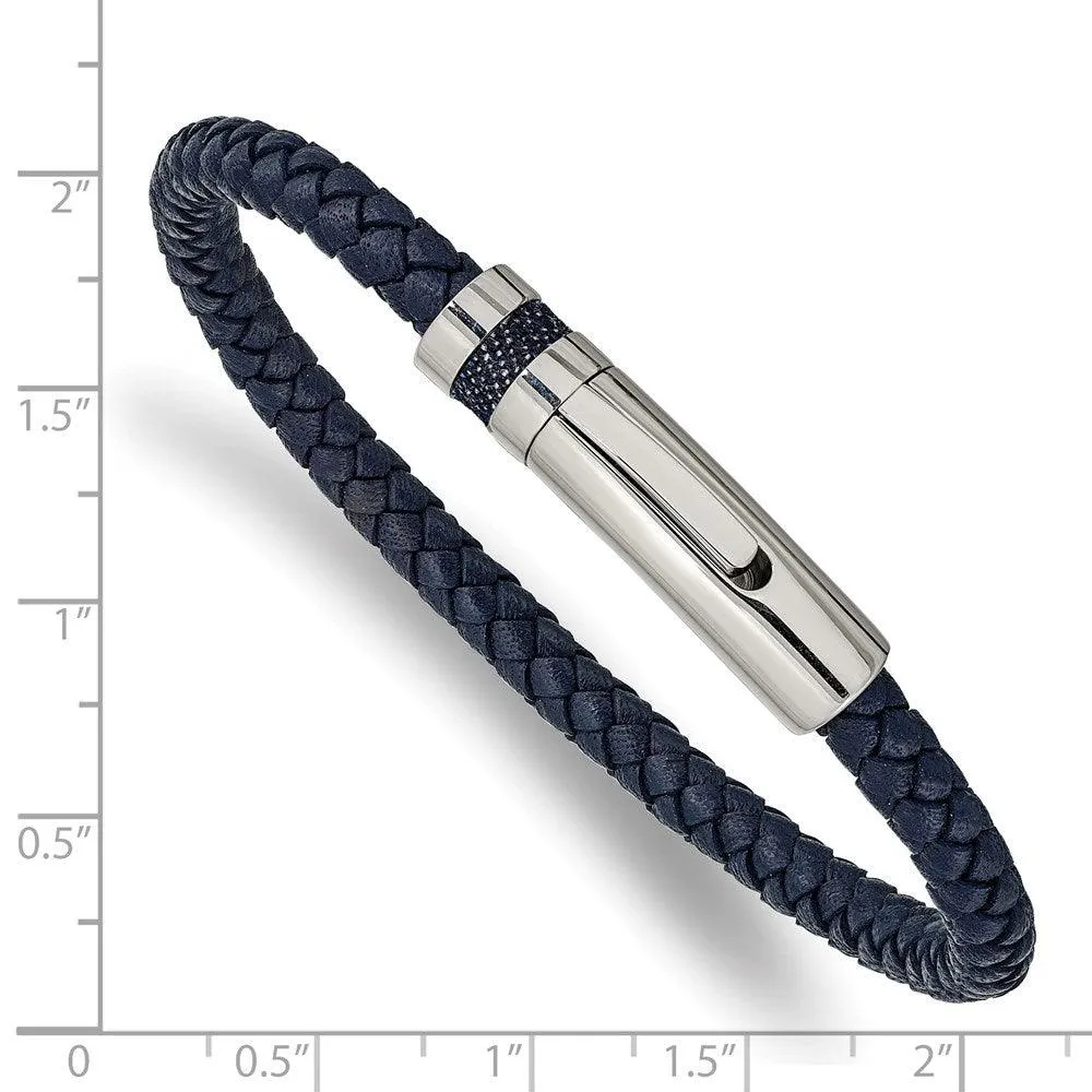 Chisel Jewelry Stainless Steel Polished Blue Leather 8.25in Bracelet
