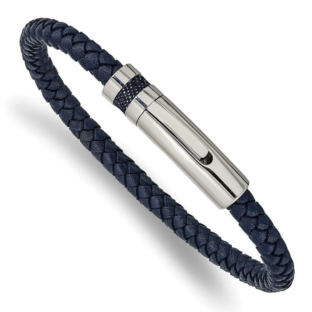 Chisel Jewelry Stainless Steel Polished Blue Leather 8.25in Bracelet