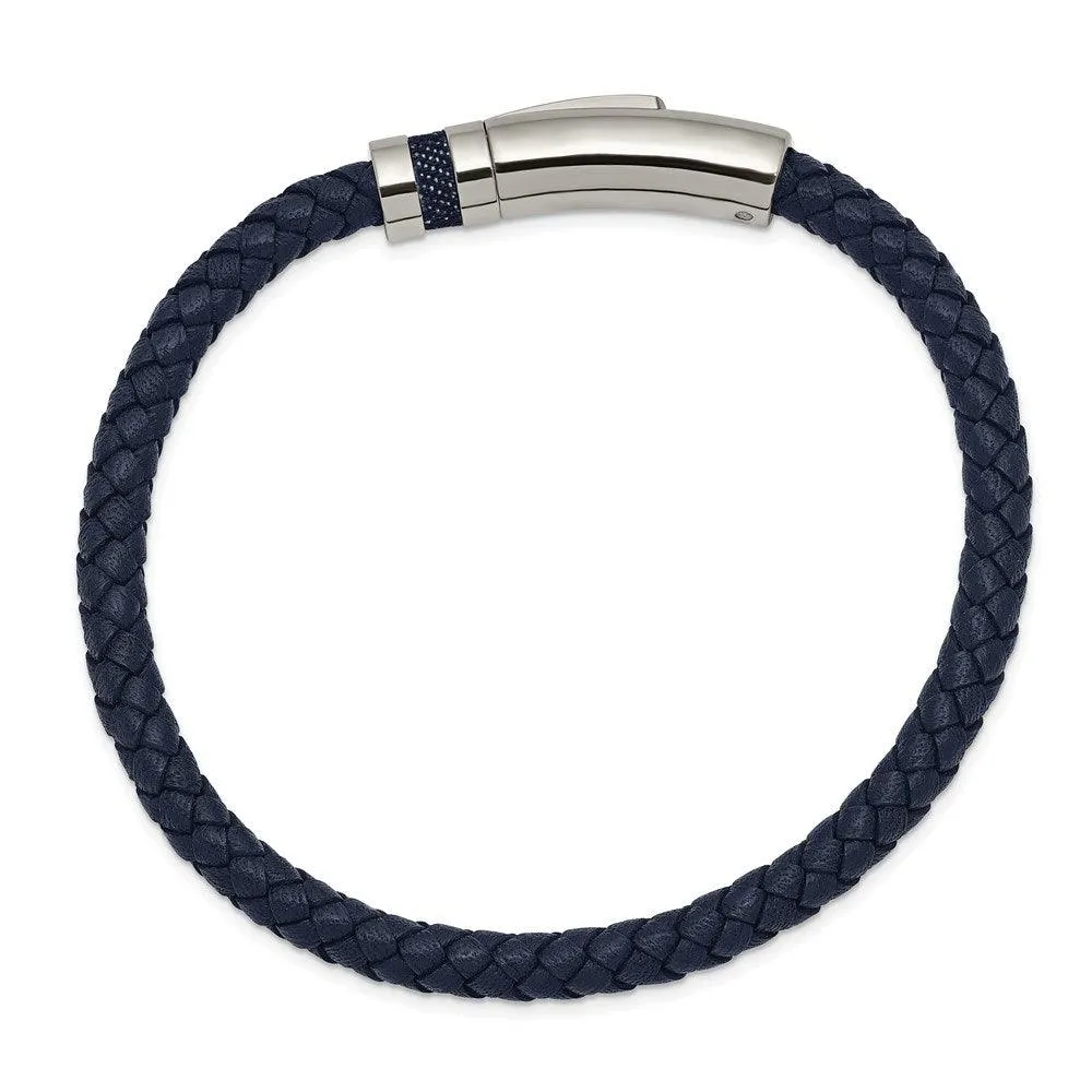 Chisel Jewelry Stainless Steel Polished Blue Leather 8.25in Bracelet