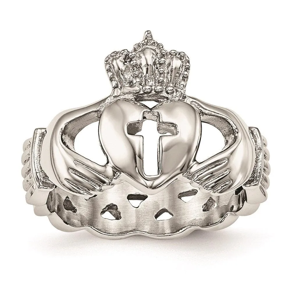 Chisel Jewelry Stainless Steel Polished Claddagh with Cross Ring
