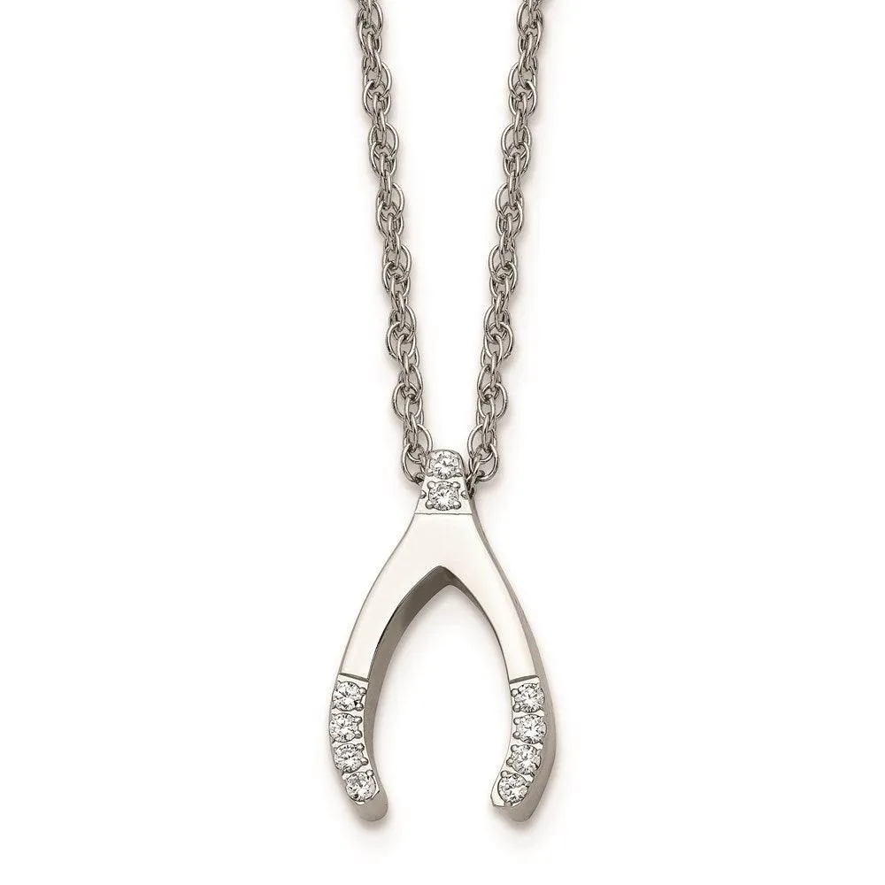 Chisel Jewelry Stainless Steel w/ CZ Wishbone Necklace