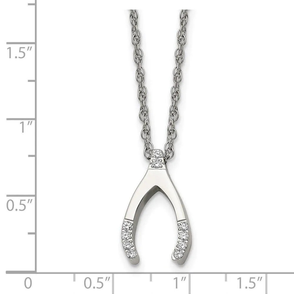 Chisel Jewelry Stainless Steel w/ CZ Wishbone Necklace