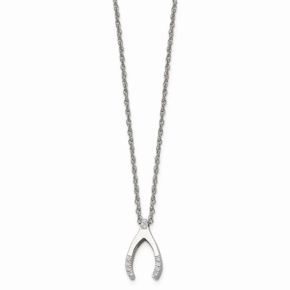 Chisel Jewelry Stainless Steel w/ CZ Wishbone Necklace
