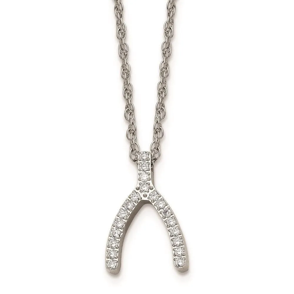 Chisel Jewelry Stainless Steel w/CZ Wishbone Necklace