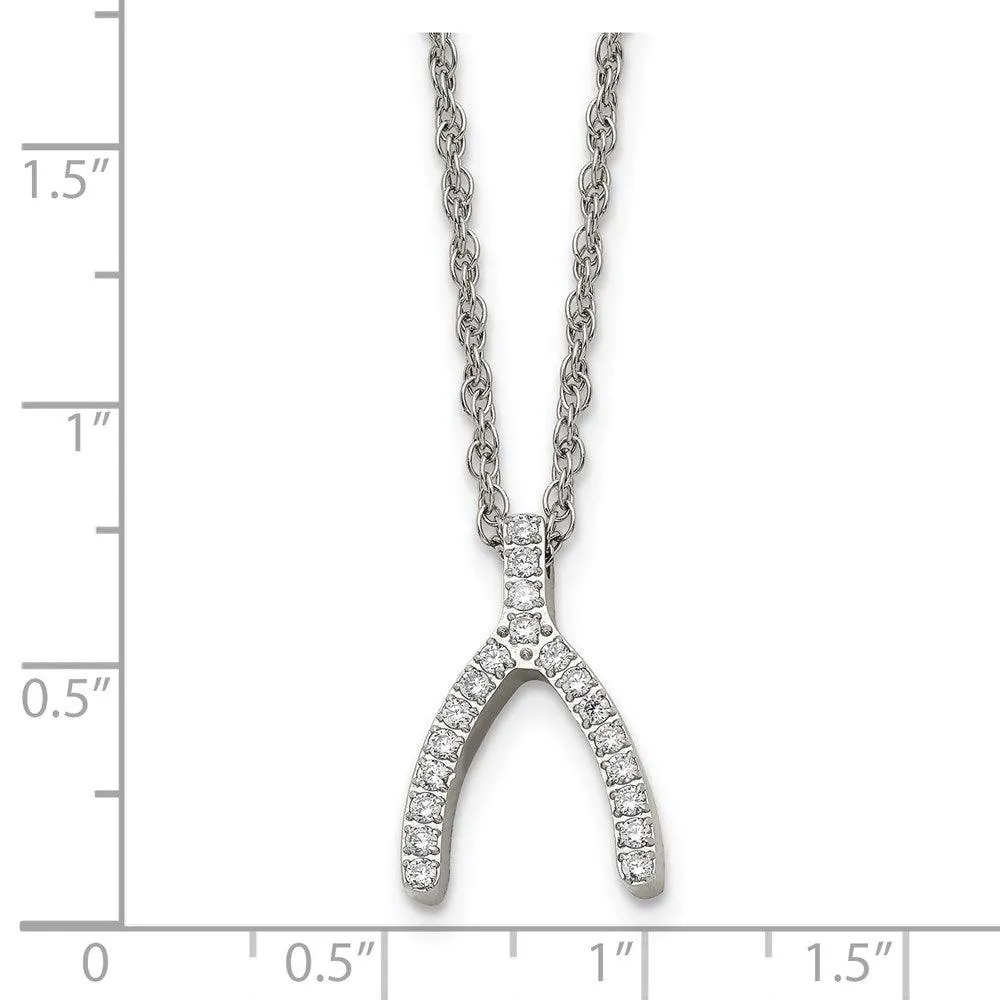 Chisel Jewelry Stainless Steel w/CZ Wishbone Necklace