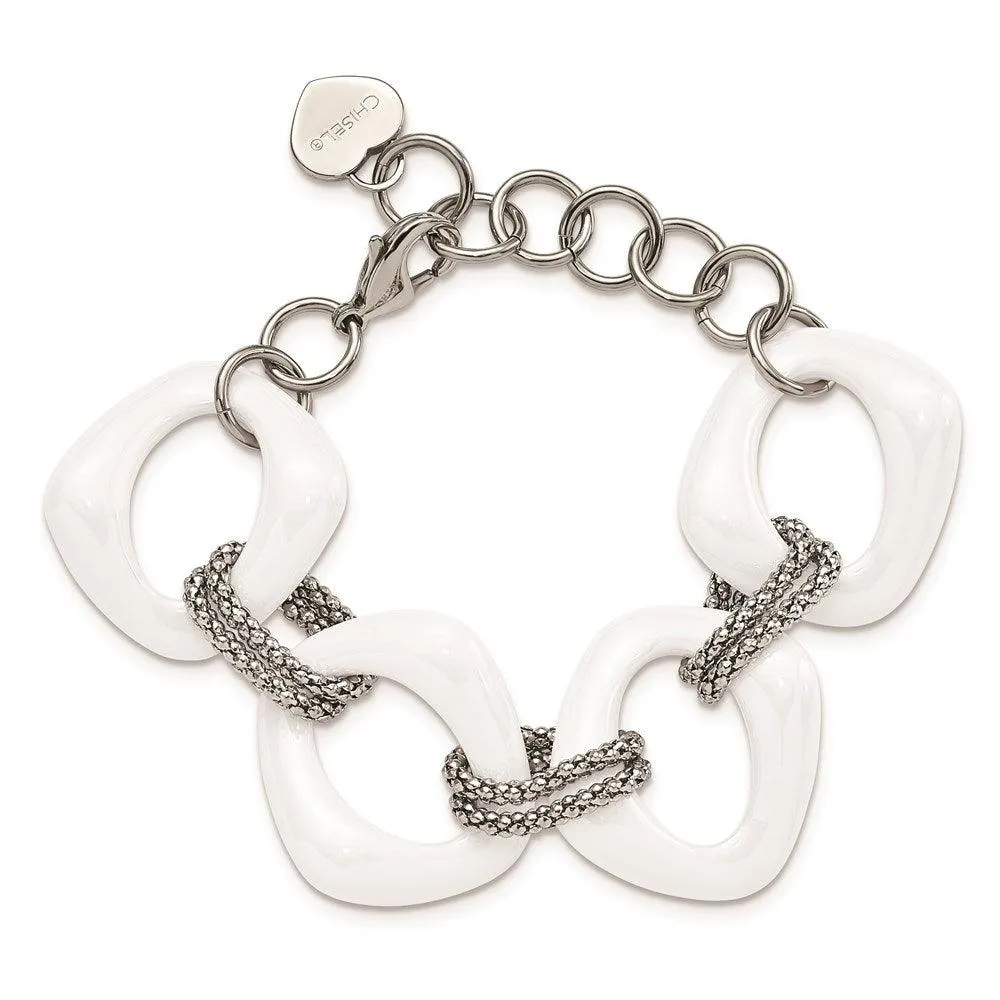 Chisel Jewelry Stainless Steel White Ceramic Link Bracelet