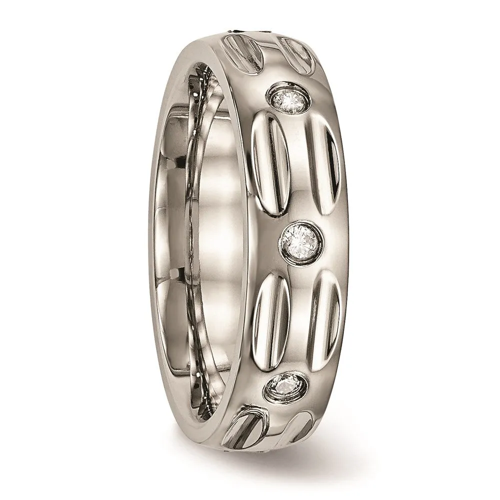 Chisel Jewelry Titanium Polished Grooved CZ Ring | TB447