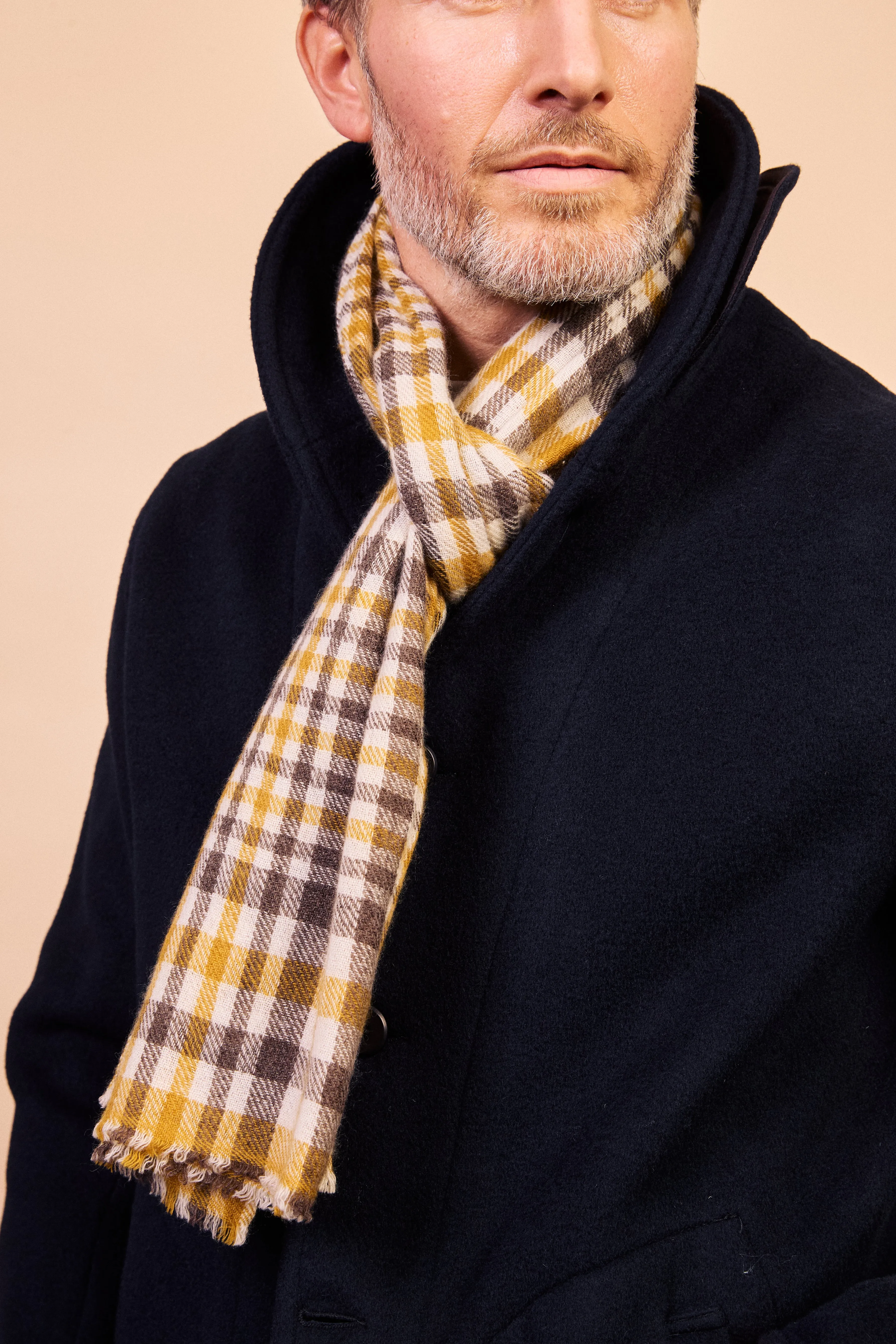 Clothing Burrows And Hare Cashmere & Merino Wool Scarf - Tartan Mustard & Brown