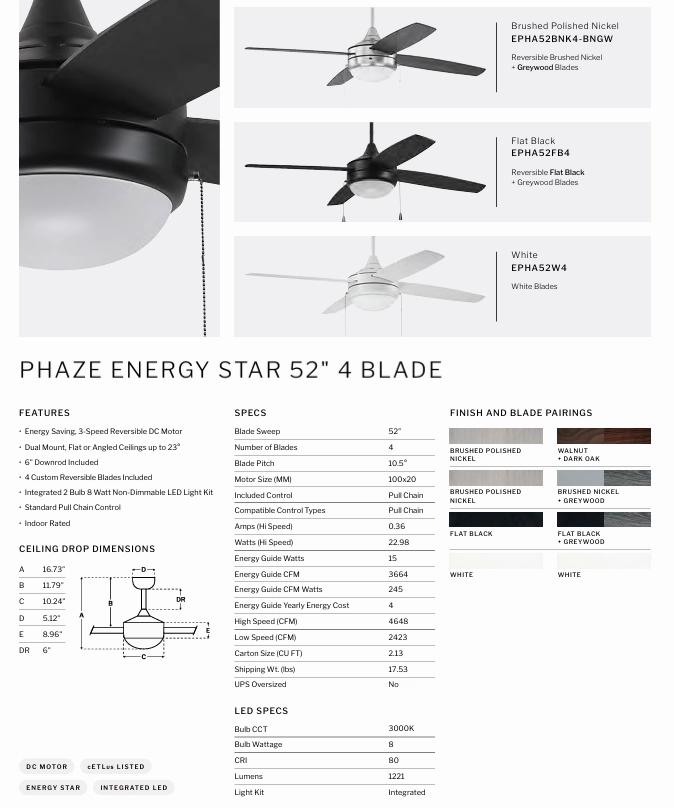 Craft Phaze Energy Star 4 Blade 52" Pull Chain DC Ceiling Fan with LED Light